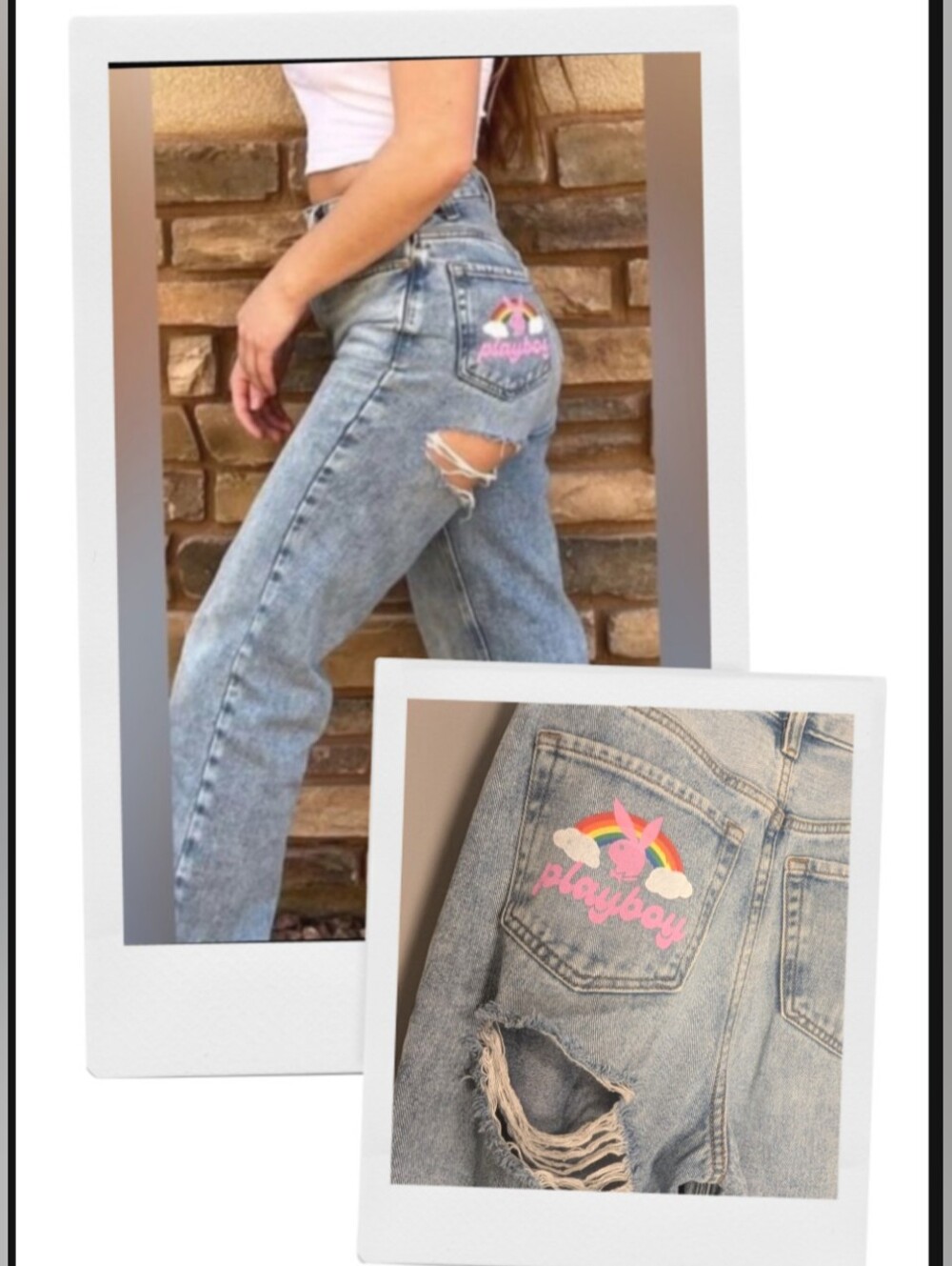 Playboy x Pac Sun Light Wash Denim Jeans with Rainbow Logo, Size 25, Rip On Rear